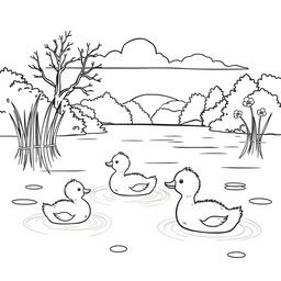 A high quality line art illustration of a lake scene, featuring little cute ducks