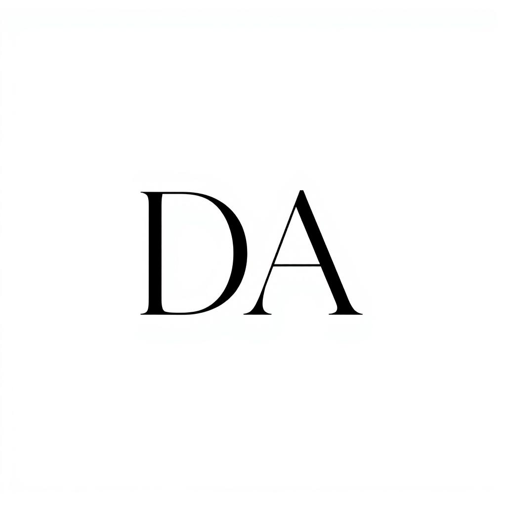 A simple and minimalistic letter 'DA' in a modern font, centered on a plain white background