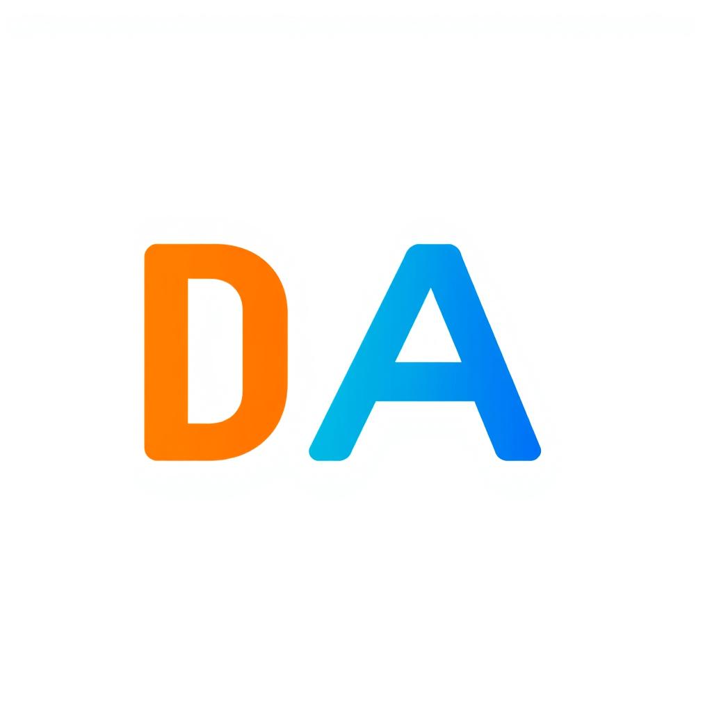 A colorful and minimalistic letter 'DA' in a modern font, centered on a plain white background