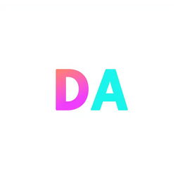 A colorful and minimalistic letter 'DA' in a modern font, centered on a plain white background