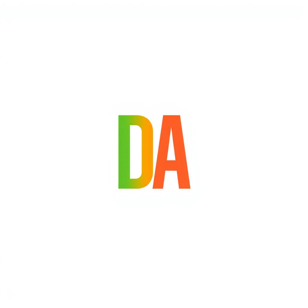 A colorful and minimalistic letter 'DA' in a modern font, centered on a plain white background