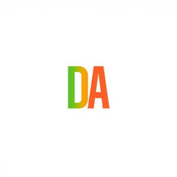 A colorful and minimalistic letter 'DA' in a modern font, centered on a plain white background