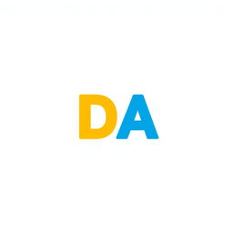 A colorful and minimalistic letter 'DA' in a modern font, centered on a plain white background