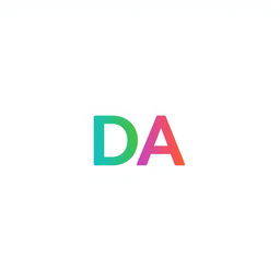 A colorful and minimalistic letter 'DA' in a modern font, centered on a plain white background