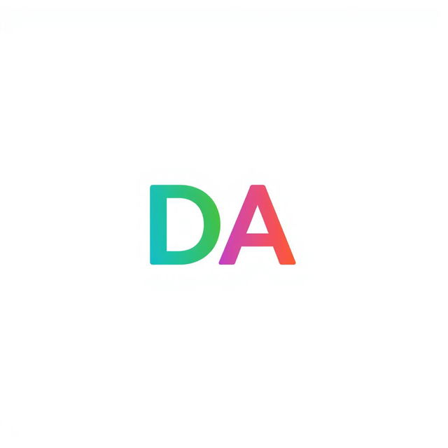 A colorful and minimalistic letter 'DA' in a modern font, centered on a plain white background