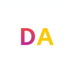 A colorful and minimalistic letter 'DA' in a modern font, centered on a plain white background