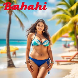 A woman referred to as 'Bhabhi' wearing a bikini, posing by the beach with a tropical background