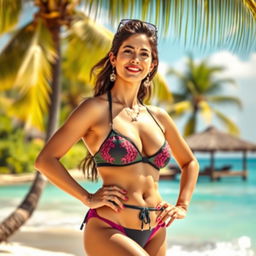 A woman referred to as 'Bhabhi' wearing a bikini, posing by the beach with a tropical background