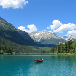 A serene landscape featuring a clear blue lake surrounded by lush green trees and mountains in the background under a bright blue sky with fluffy white clouds