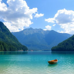 A serene landscape featuring a clear blue lake surrounded by lush green trees and mountains in the background under a bright blue sky with fluffy white clouds