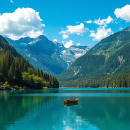 A serene landscape featuring a clear blue lake surrounded by lush green trees and mountains in the background under a bright blue sky with fluffy white clouds