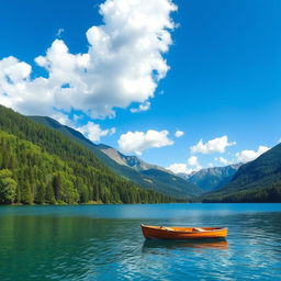 A serene landscape featuring a clear blue lake surrounded by lush green trees and mountains in the background under a bright blue sky with fluffy white clouds