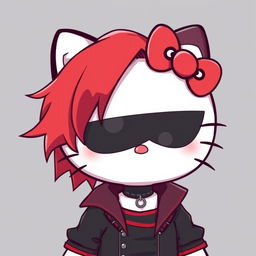 A cute Hello Kitty with red hair and black clothes, styled to resemble Kimuro