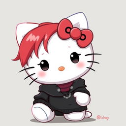 A cute Hello Kitty with red hair and black clothes, styled to resemble Kimuro