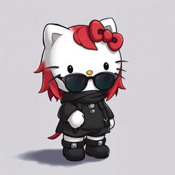 A cute Hello Kitty with red hair and black clothes, styled to resemble Kimuro