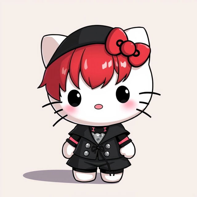 A cute Hello Kitty with red hair and black clothes, styled to resemble Kimuro