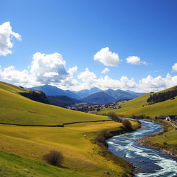 A beautiful landscape featuring rolling green hills, a clear blue sky with fluffy white clouds, and a sparkling river winding through the scene