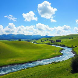 A beautiful landscape featuring rolling green hills, a clear blue sky with fluffy white clouds, and a sparkling river winding through the scene