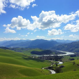 A beautiful landscape featuring rolling green hills, a clear blue sky with fluffy white clouds, and a sparkling river winding through the scene