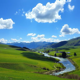 A beautiful landscape featuring rolling green hills, a clear blue sky with fluffy white clouds, and a sparkling river winding through the scene