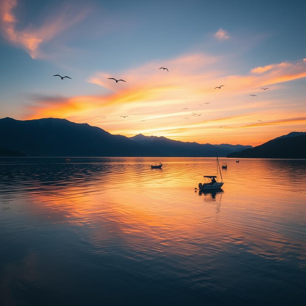 A beautiful sunrise over a serene lake with mountains in the background, birds flying in the sky, and a small boat floating on the water