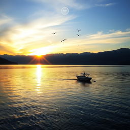 A beautiful sunrise over a serene lake with mountains in the background, birds flying in the sky, and a small boat floating on the water