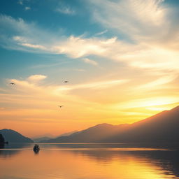 A beautiful sunrise over a serene lake with mountains in the background, birds flying in the sky, and a small boat floating on the water