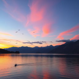 A beautiful sunrise over a serene lake with mountains in the background, birds flying in the sky, and a small boat floating on the water