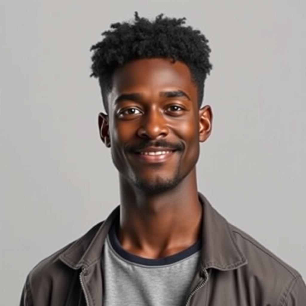 Create an image of a tall man with dark skin, short curly hair, and a mustache