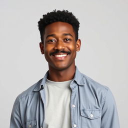 Create an image of a tall man with dark skin, short curly hair, and a mustache