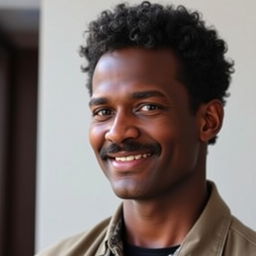 Create an image of a tall man with dark skin, short curly hair, and a mustache