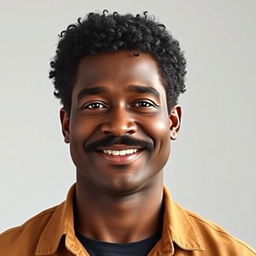 Create an image of a tall man with dark skin, short curly hair, and a mustache