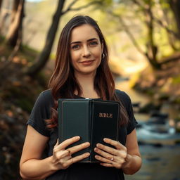 A woman holding a Bible, standing in a serene and peaceful environment