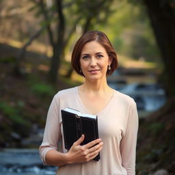 A woman holding a Bible, standing in a serene and peaceful environment