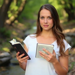 A woman holding a Bible, standing in a serene and peaceful environment