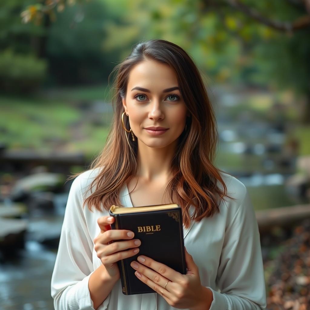 A woman holding a Bible, standing in a serene and peaceful environment