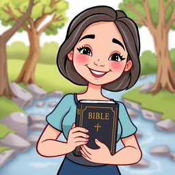 A cartoon depiction of a woman holding a Bible