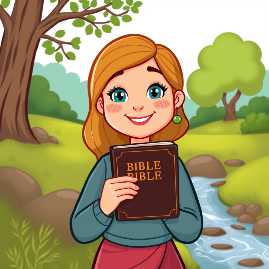 A cartoon depiction of a woman holding a Bible