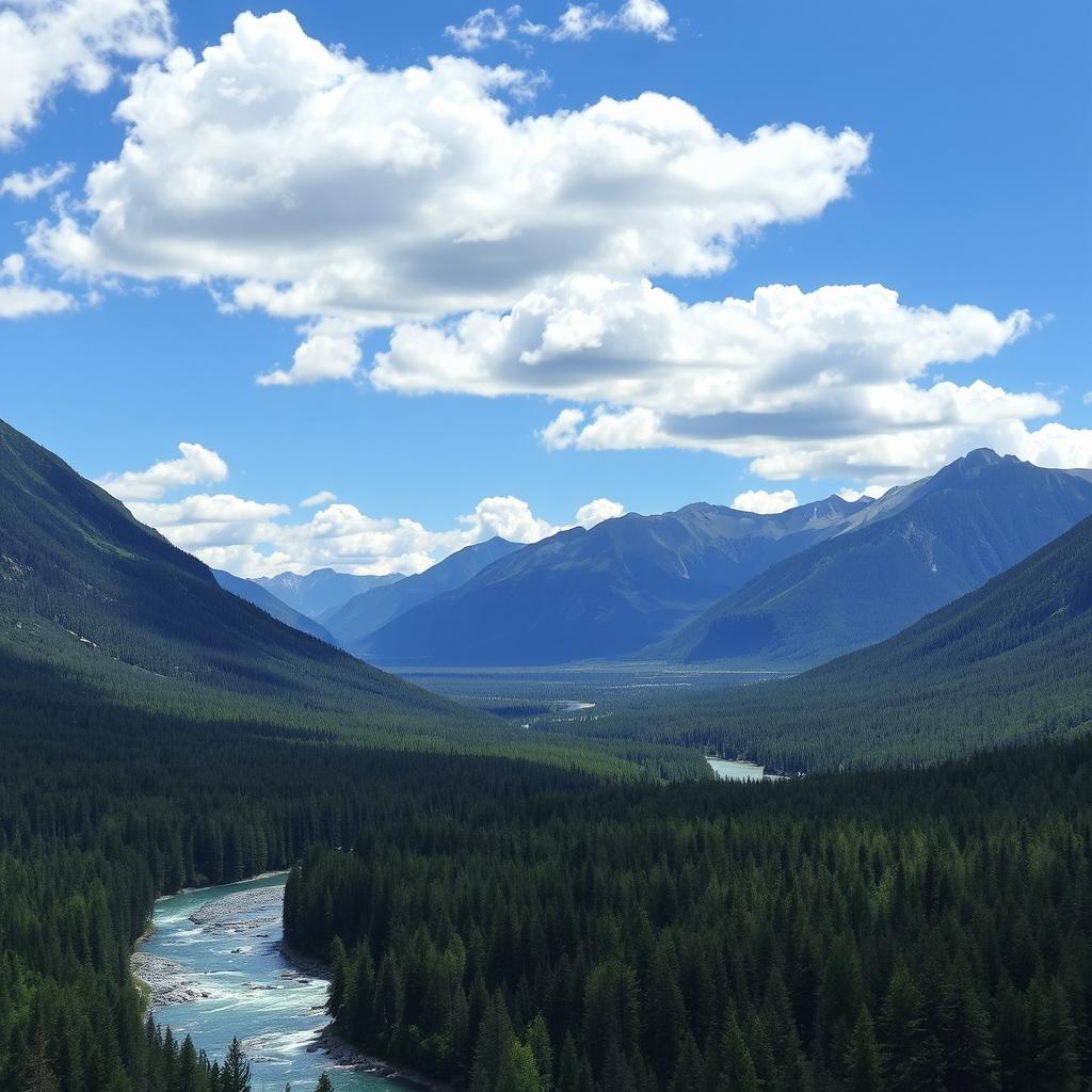 A beautiful landscape featuring mountains, a river flowing through a lush forest, and a clear blue sky with fluffy clouds