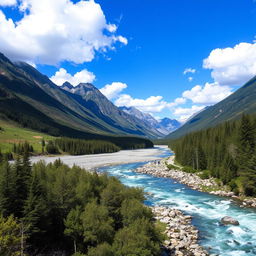 A beautiful landscape featuring mountains, a river flowing through a lush forest, and a clear blue sky with fluffy clouds