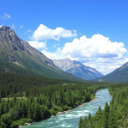 A beautiful landscape featuring mountains, a river flowing through a lush forest, and a clear blue sky with fluffy clouds