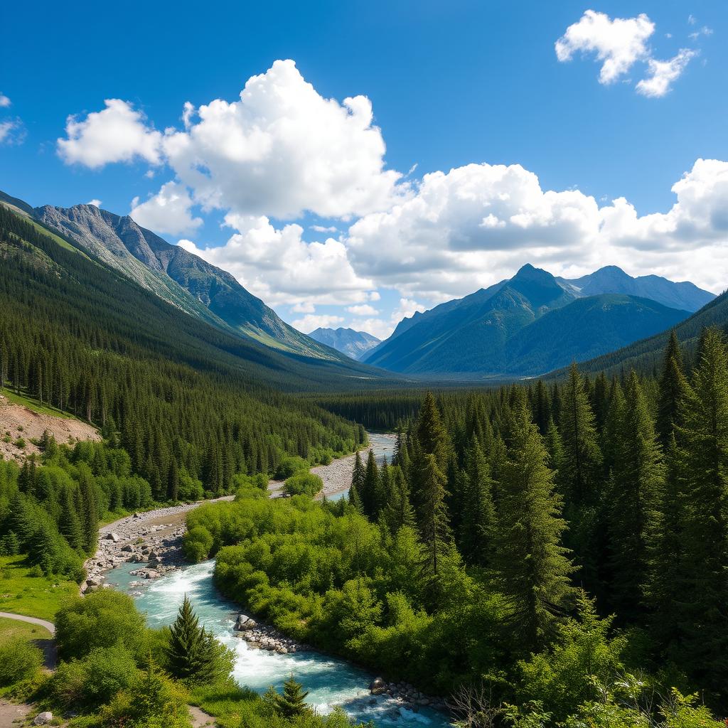 A beautiful landscape featuring mountains, a river flowing through a lush forest, and a clear blue sky with fluffy clouds