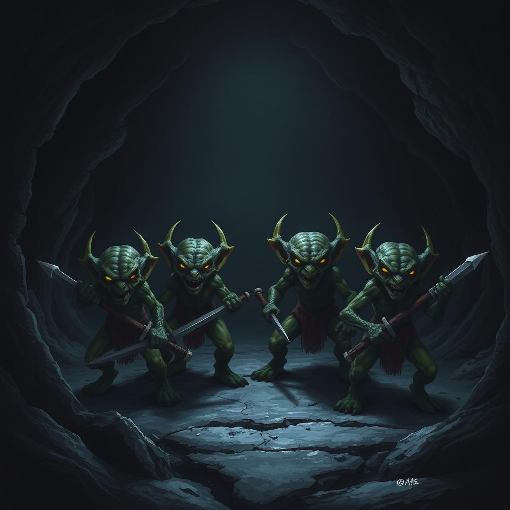 A group of four kobolds waiting to ambush adventurers in a dark cave