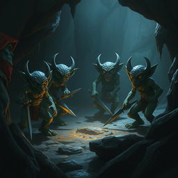 A group of four kobolds waiting to ambush adventurers in a dark cave