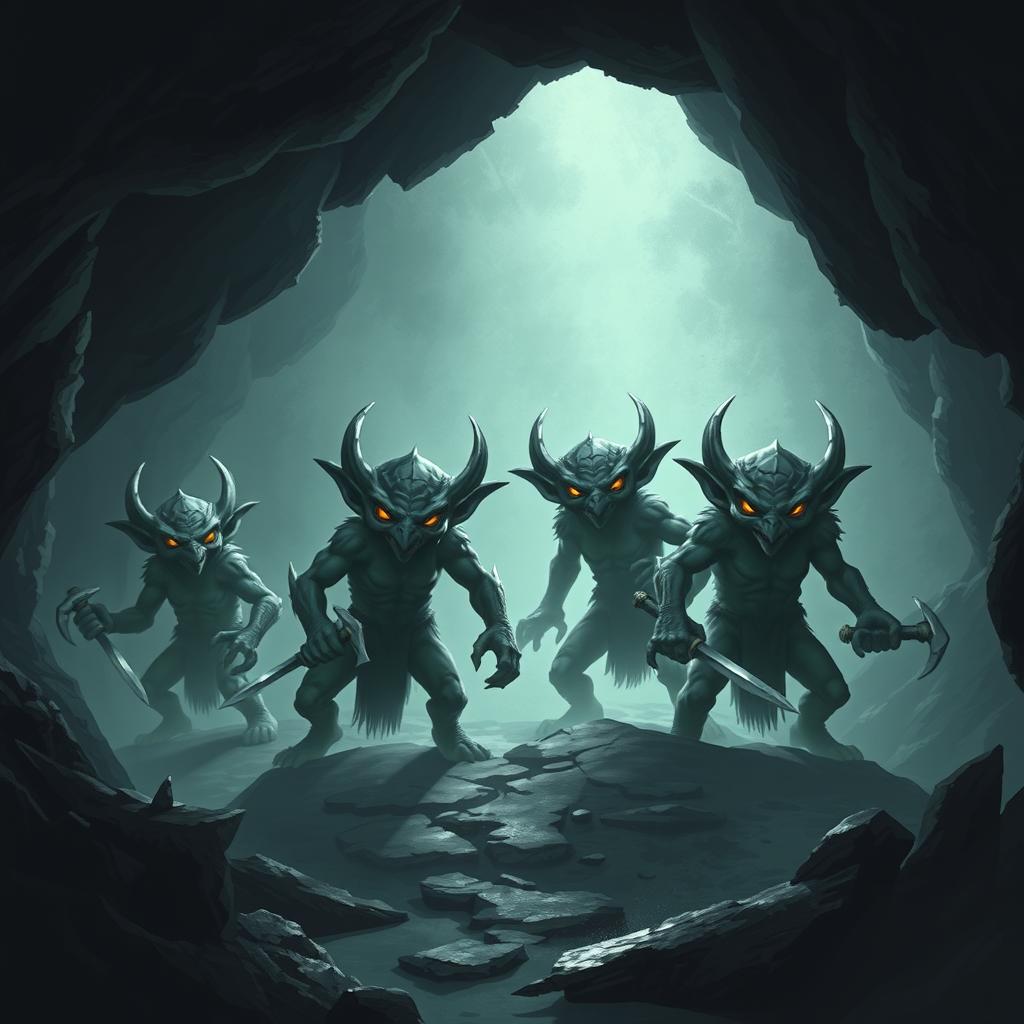 A group of four kobolds waiting to ambush adventurers in a dark cave