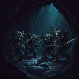 A group of four kobolds waiting to ambush adventurers in a dark cave