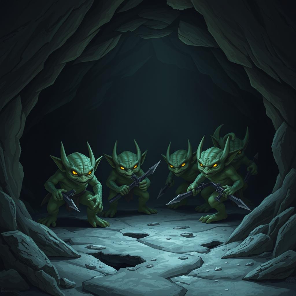 A group of four kobolds waiting to ambush adventurers in a dark cave