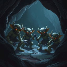 A group of four kobolds waiting to ambush adventurers in a dark cave