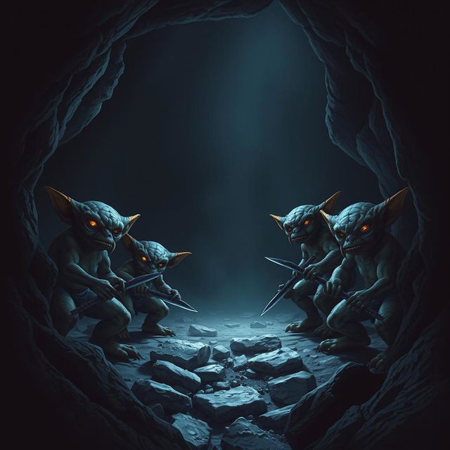 A group of four kobolds waiting to ambush adventurers in a dark cave