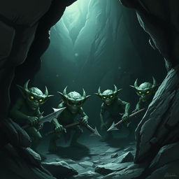 A group of four kobolds waiting to ambush adventurers in a dark cave